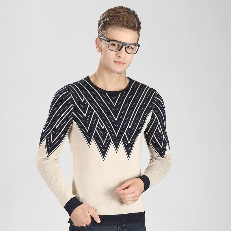 Осенне-зимний стиль, модный Полосатый пуловер для молодых людей, плотный вязаный свитер - Цвет: Бежевый