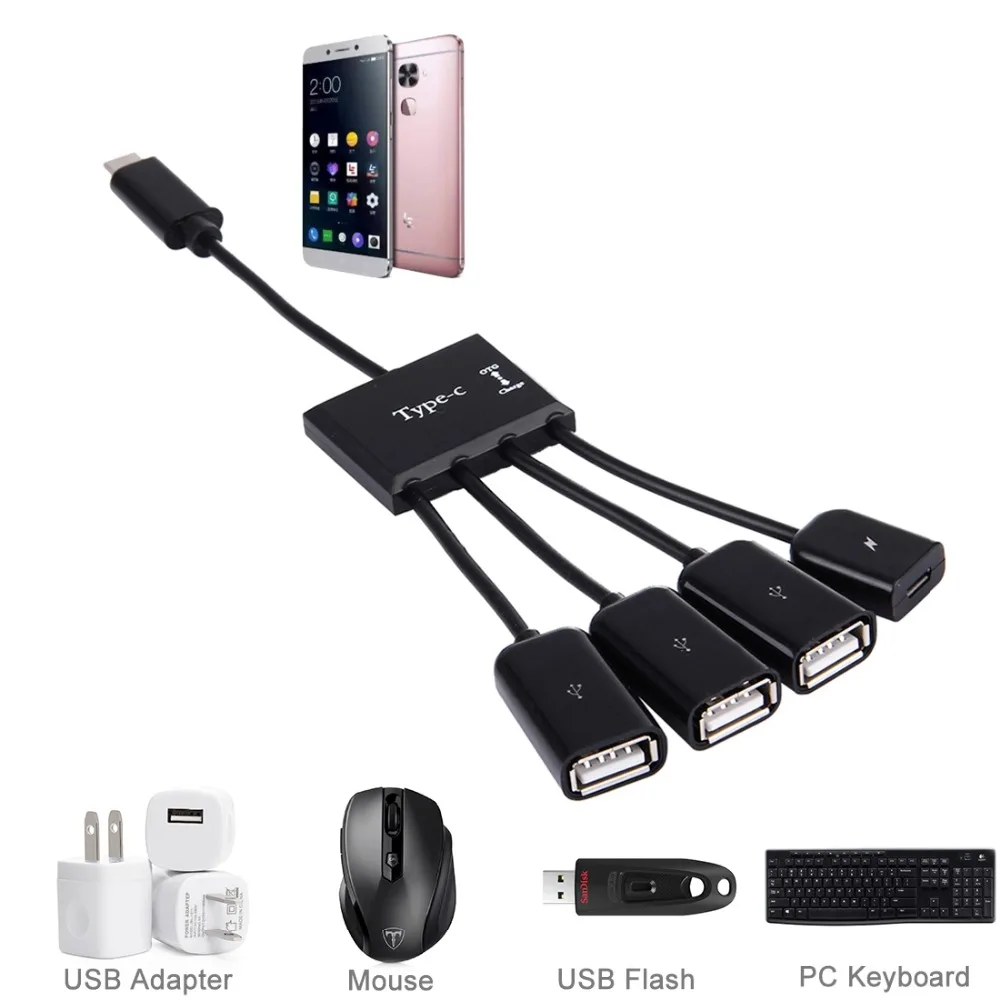 Портативный 4 в 1 USB-C/Тип-C до 3 Порты USB 2.0 OTG Hub Кабель с micro USB Питание