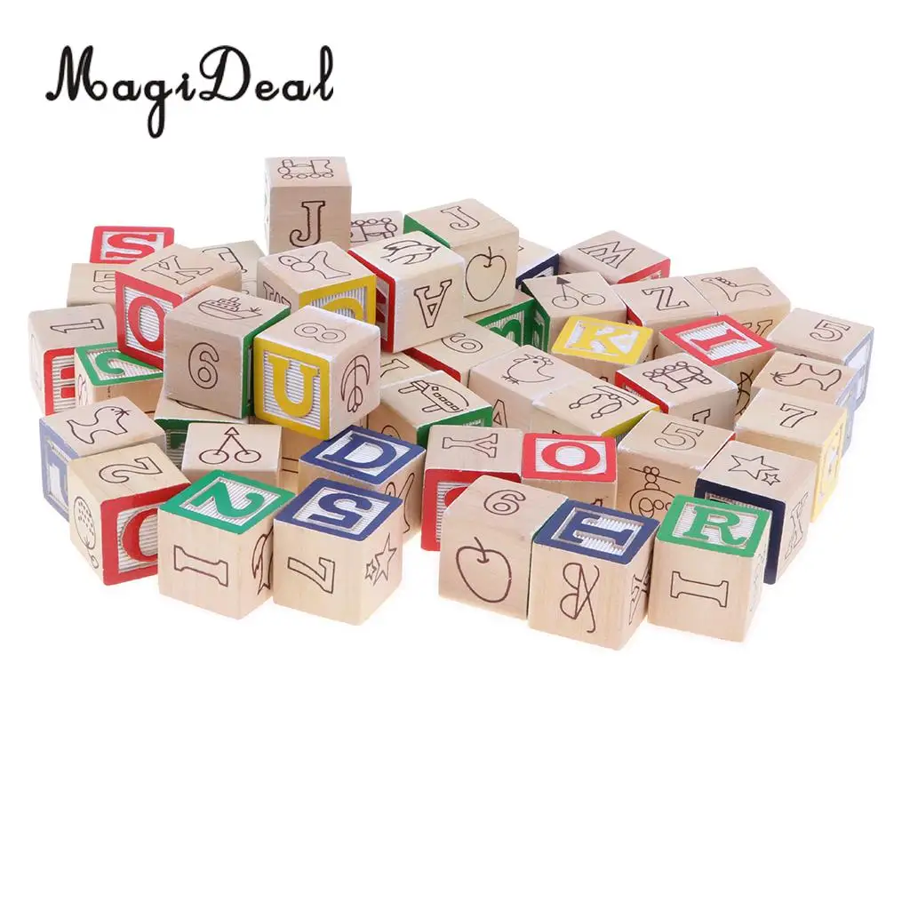 50Pcs Wooden Cartoon ABC Alphabet Numbers Math Learn Cube Blocks Stack Toddler Color Shape Cognition Educational Toy