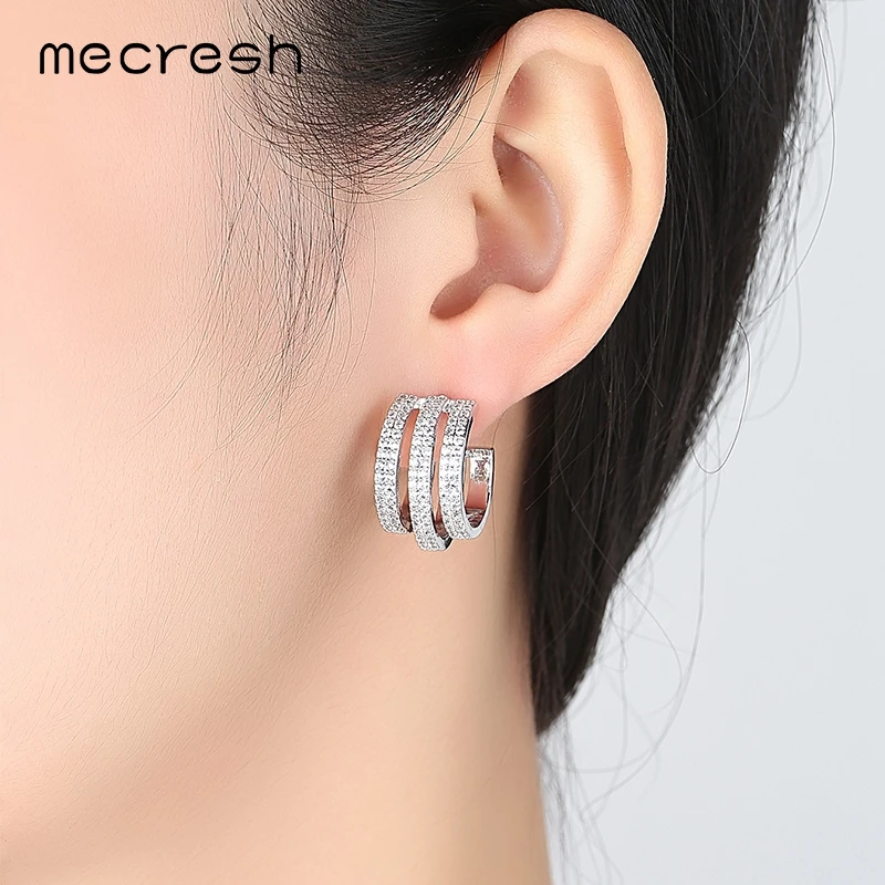 

Mecresh Vivid 3 Row Stud Earrings for Women CZ Full Paved Brincos Silver Color Fashion Wedding Party Jewelry MEH903