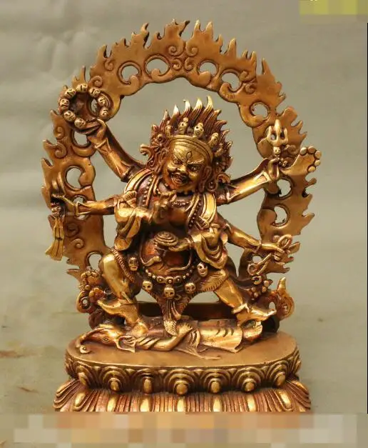 

S06682 9" Tibet Buddhist Bronze Gilt Protect 6 Hands Mahakala God Anger Buddha Statue