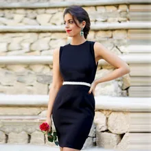 Modest Schwarz Sexy Robe De Cocktail Robe Cocktail 2016 Kleider Mini Frauen Sommerkleid Partei Um Crsyatl Sash Open zurück