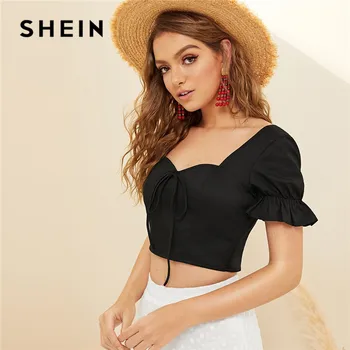 

SHEIN Bow Front Shirred Back Crop Top 2019 Boho Beach Sweetheart Neck Black Summer Blouse Cute Slim Fit Womens Tops And Blouses