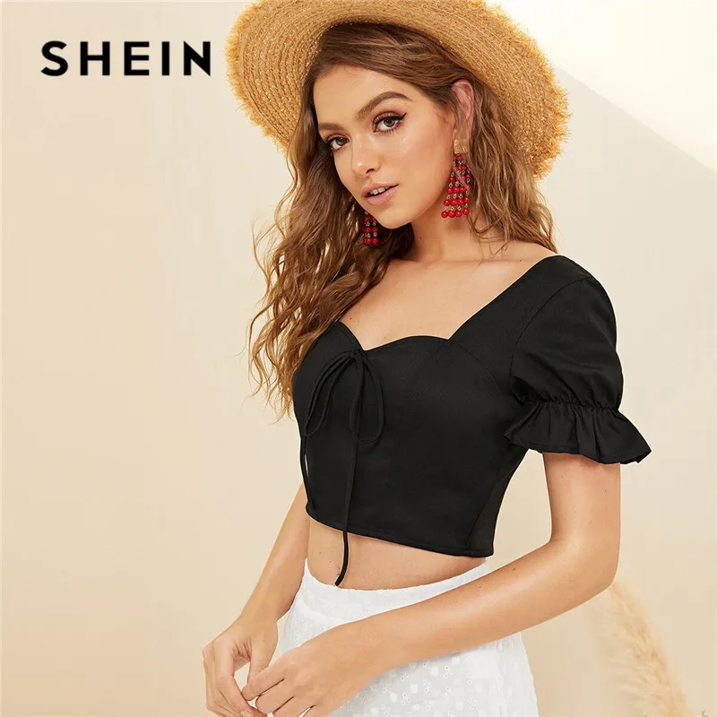 SHEIN القوس الجبهة Shirred عودة المحاصيل أعلى 2019 بوهو شاطئ الحبيب الرقبة الأسود الصيف بلوزة لطيف صالح سليم إمرأة قمم و البلوزات