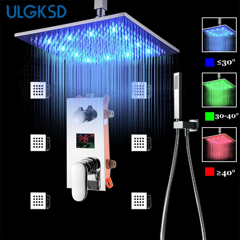 

ULGKSD Rainfall LED Shower Faucet Set 3-ways Digital Mixers Ceiling Mount Square Shower Head W/ Handshower For Bathroom