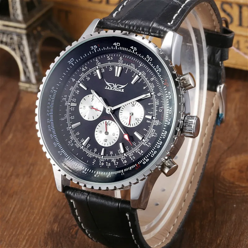 

Jargar Brand Men Automatic Dress Watch Silver Color Case Mechanical Wristwatch with Black Leather Band