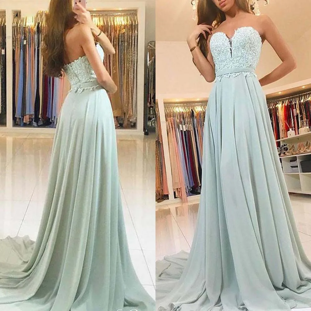 

Verngo Mint Green Sweetheart Long Dress 2019 Lace Appliques Evening gowns for women Custom made Free shipping