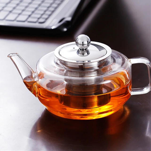 900ml Cylinder Thick Glass Teapot Stainless Steel Filter Tea Pot Heat