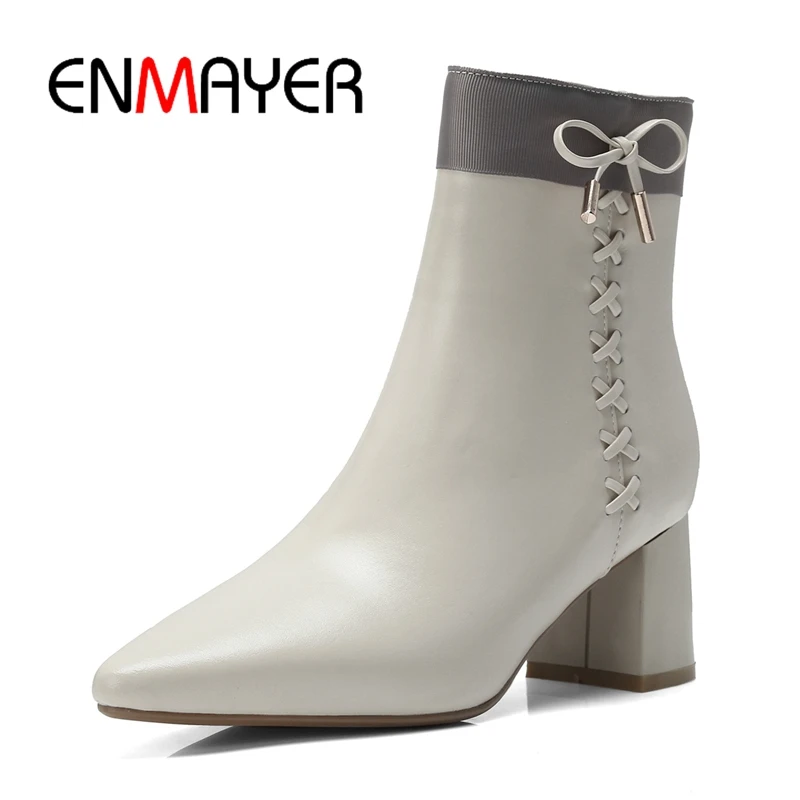 

ENMAYER Women boots fashion women zipper ankle boots women pointed toe butterfly-knot high heel boots Size 34-39 ZYL1082
