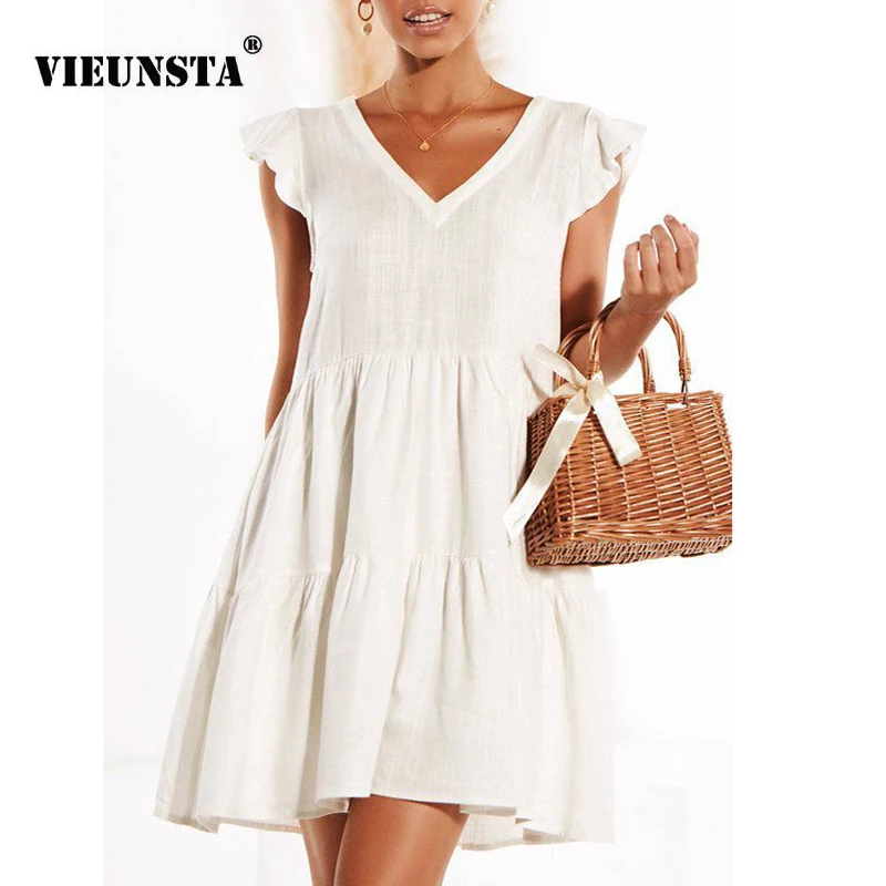 

VIEUNSTA Solid Color Beach Summer Dress Women 2019 Sexy V-neck Sleeveless Ruffle Pleated Dress Button Lace-up Strap Mini Dresses