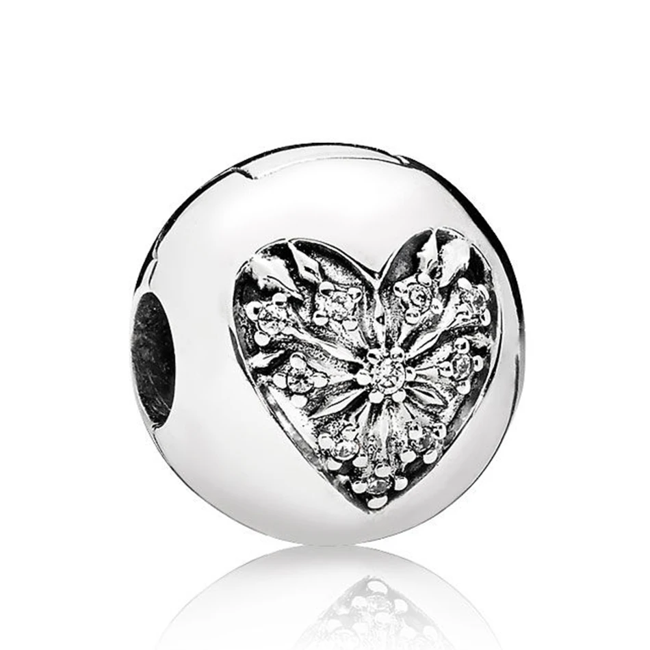 

S925 Silver DIY Jewelry Heart of Winter Clips Stoppers Charm fit Pandora Bracelets Bangle Pave Crystal Clear CZ Heart