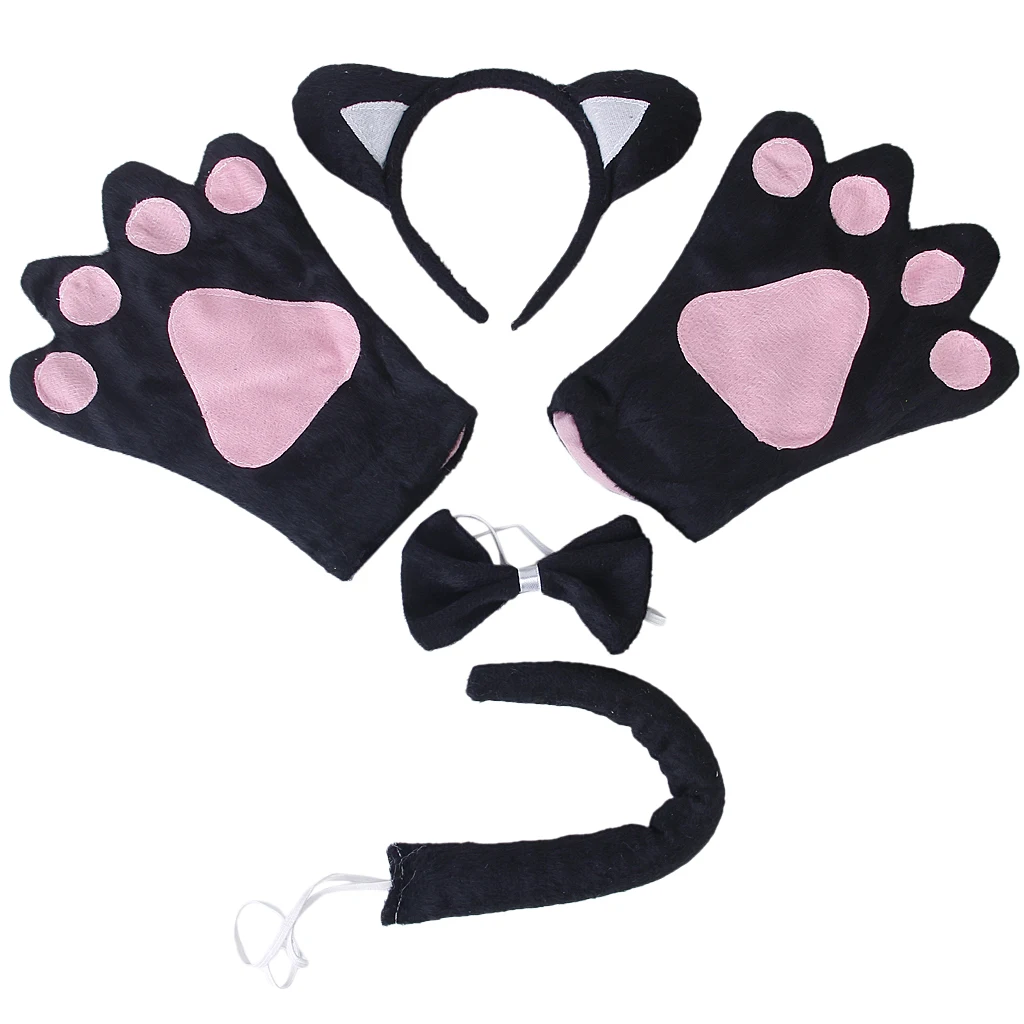 New Black Cat Cosplay Christmas Halloween Costume Outfit Headband Gloves Tie Tail 4pcs Set