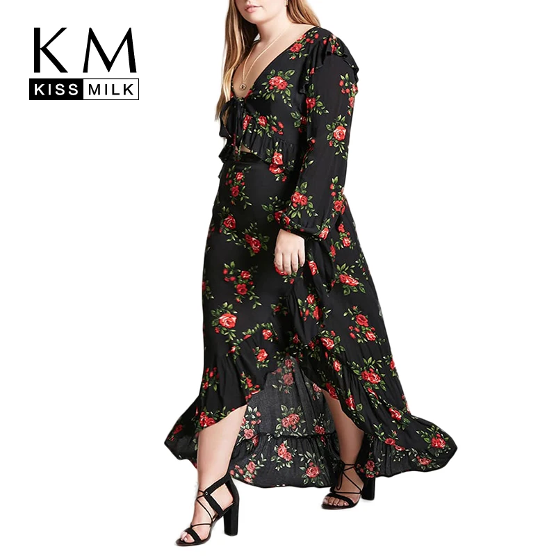 

Kissmilk Plus Size Women Red Floral Rose Print Black Skirt High Low Skirt On The Beach Loose Fit Basic Long Party Skirt