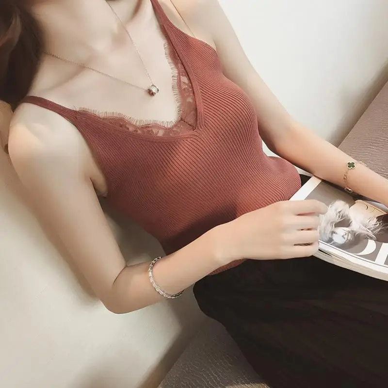 

DSstyles Sexy Women Plain Camisole Lace Splicing Double V-neck Vest Slim Sling Camis V-neck Tank Top Lace Suspender Vest