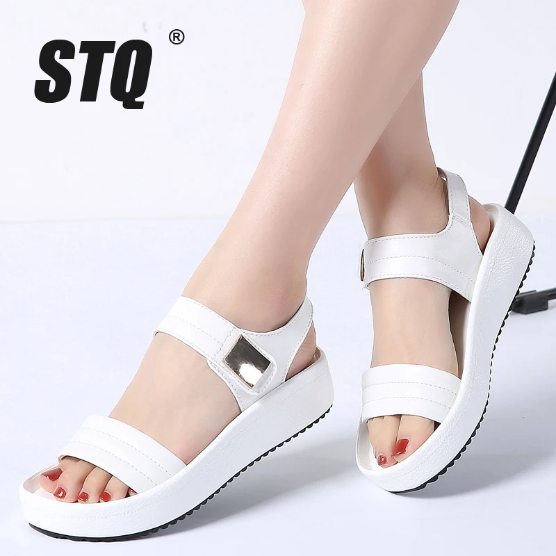 STQ 2018 Summer women sandals PU Leather flat strap sandals women flat heel platform sandals 