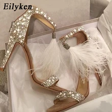 Eilyken Sexy Women Sandals Pumps Summer Rhinestone Zipper Feather High Heel Apricot Women Wedding Pumps Shoes