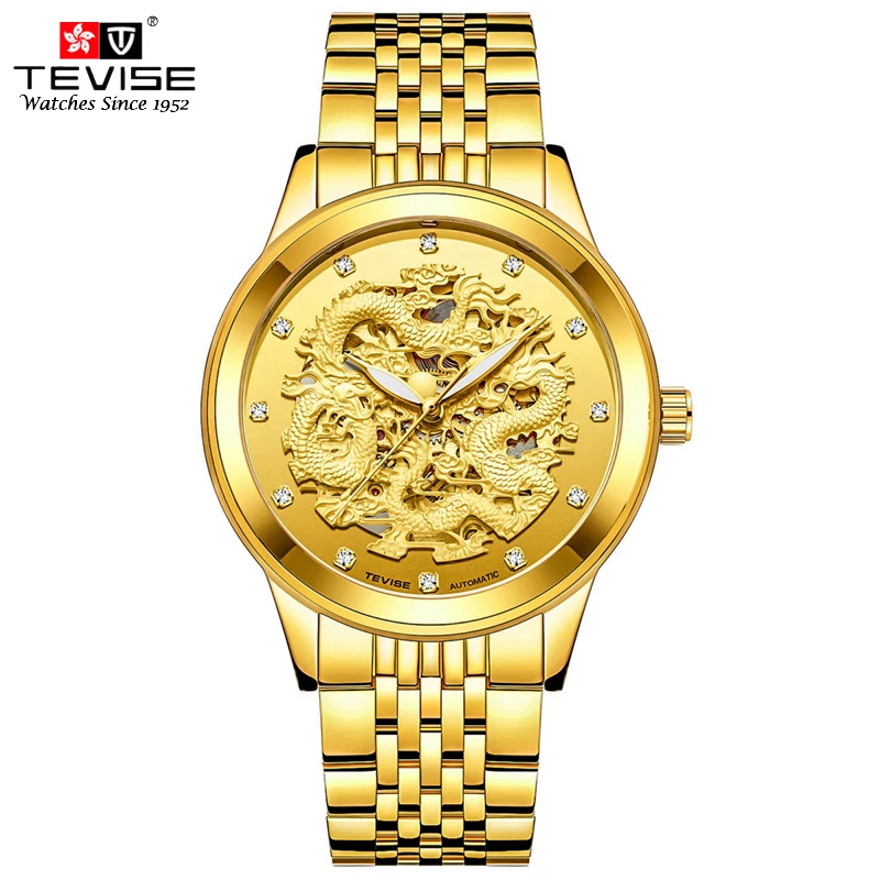 TEVISE Gold Dragon Relogio Masculino автоматические мужские часы Топ Бренд роскошные