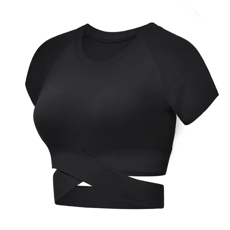 

Cross Waist Yoga T Shirt Body-building Umbilical Sexy Sports Running Fitness Women Top Shirt Elastic Short Top Sports Clothes