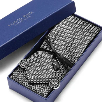 

Gift Box Brand New Luxury Grey Tie Set 7cm black Plaid Necktie Gravata Pocket Square Handkerchief Cufflinks Suit For Wedding