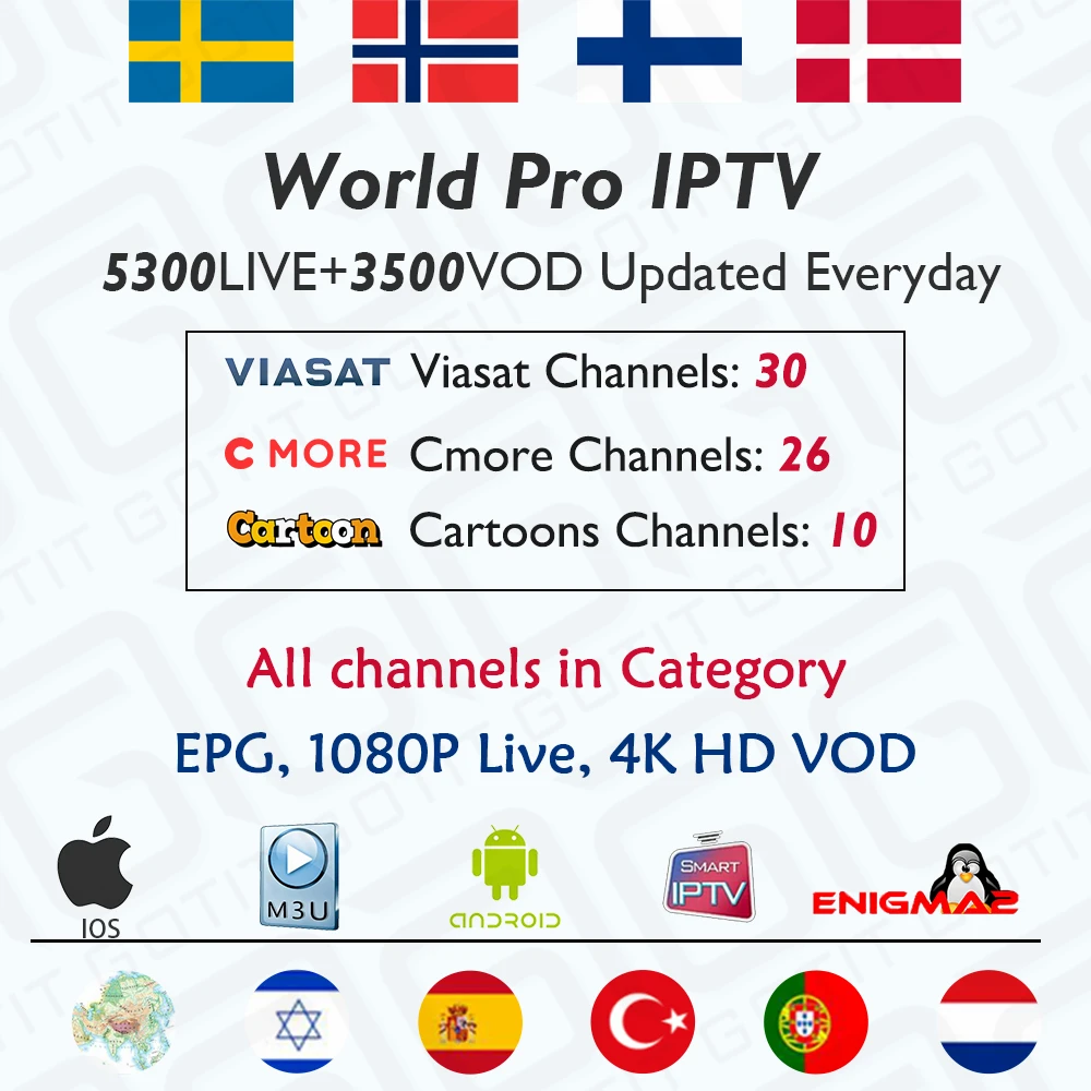 

World Pro IPTV Subscription for Netherlands Spain Finland Sweden Norway IPTV Nordic IPTV for M3U Android Smart TV Enigma2 MAG