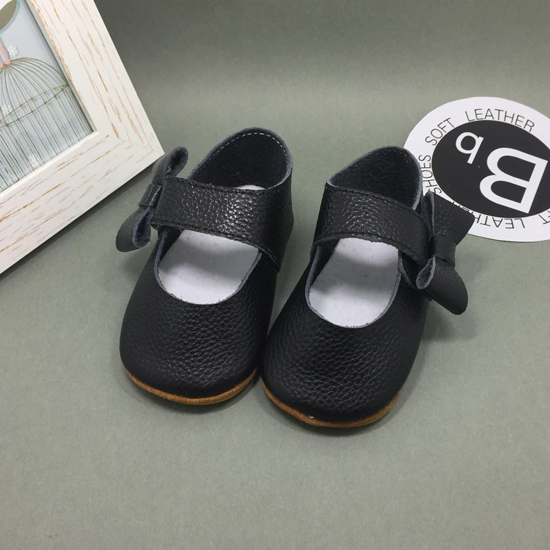 Black Genuine Leather Baby Shoes Girls Rubber Soled Bowknot Babies Shoes For Baby Girl Chaussure 
