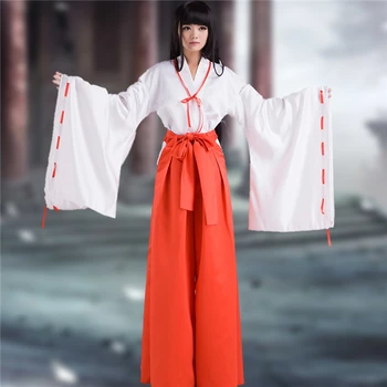 

Anime Inuyasha Kikyou Cosplay Costume Miko White Short-Sleeve+Red Kendo Pants+Lengthening Belt+Bowknot+Free Shipping D