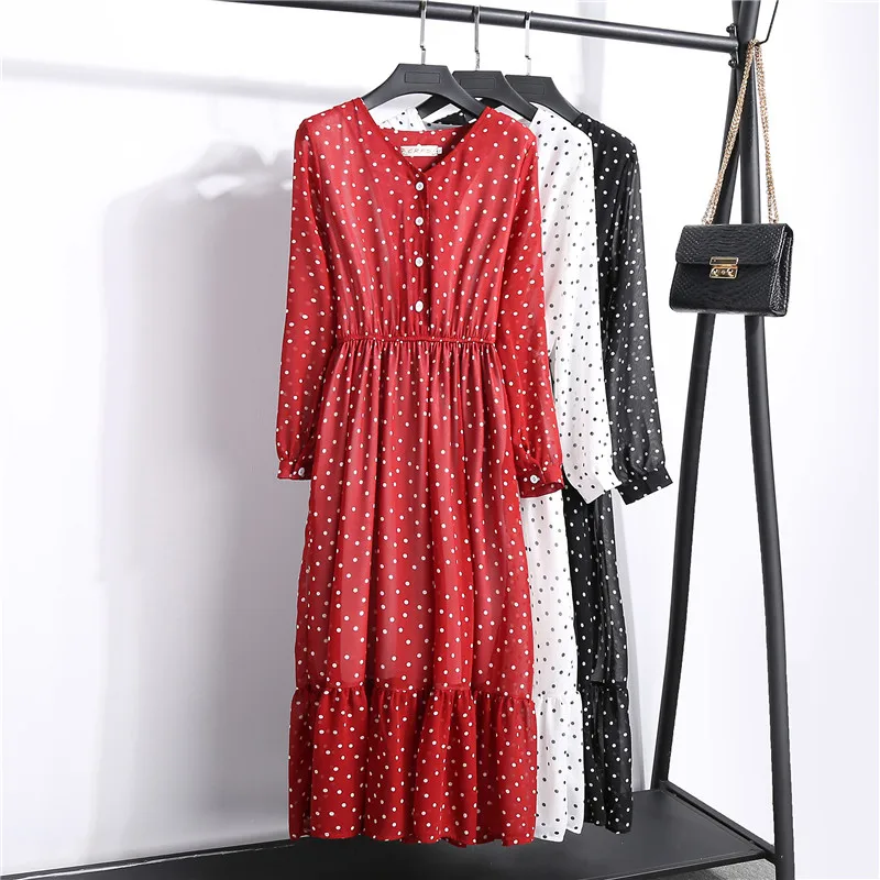 

CBAFU v neck dot printed a line women long dresses full sleeve female chiffon dress 2019 elastic waist casual female dress D351