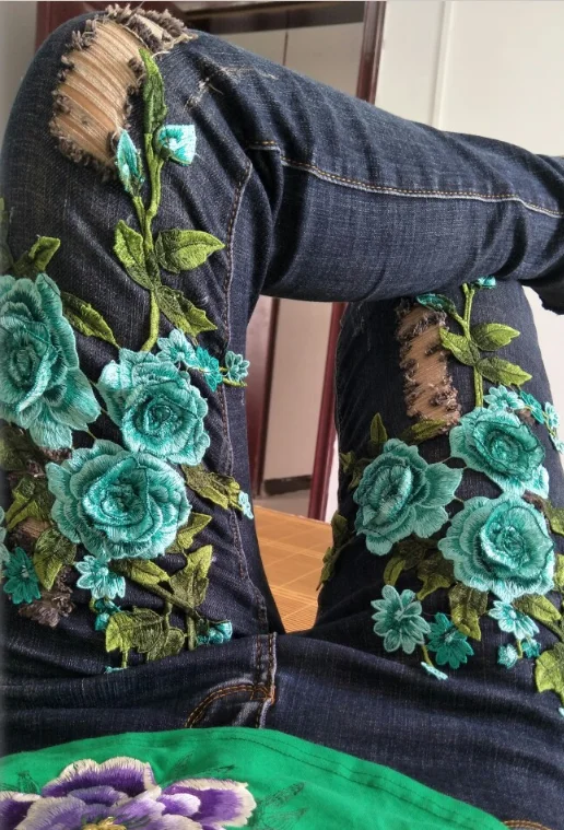 Осень весна новая женская короткая куртка модная вышивка зеленый цветок с длинным рукавом дырявые джинсы пальто для студентов синие пальто