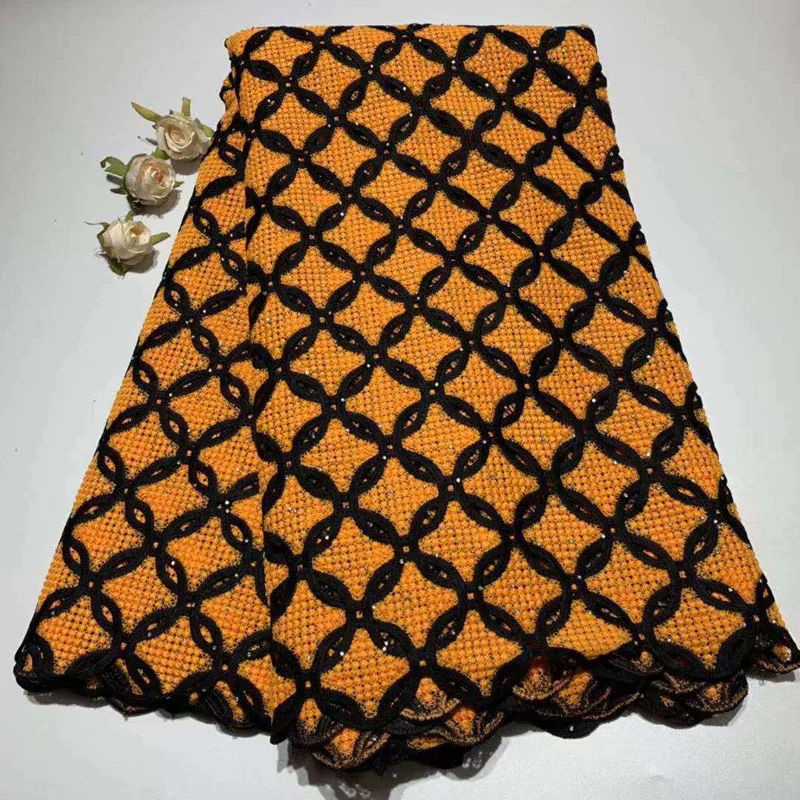 

Free shipping (5yards/pc) High quality orange and black African guipure lace fabric with stones 2019 new for party dress WLA04