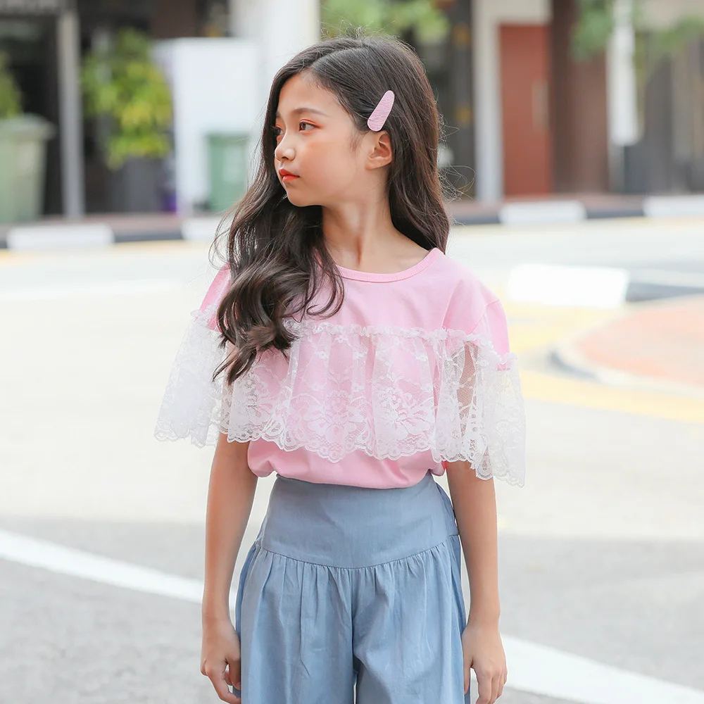 Online Girls T shirt Musim Panas Kasual Solid Kapas Mesh Anak T shirt untuk Gadis Merah Muda Putih Pendek Leher O Gadis Tshir 6 16 Y Anak Pakaian
