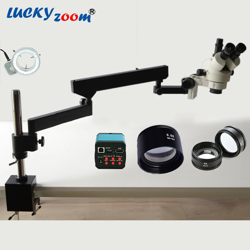 Lucky Zoom Brand 3.5X-90X Articulating Arm Zoom Stereo Microscope 14MP HDMI Digital Camera 2.0X 0.5X Objective Len 144LED Light