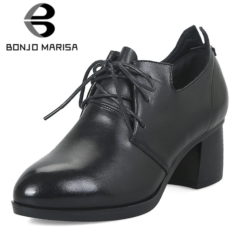 

BONJOMARISA 2019 Genuine Leather Lace Up Platform Women Shoes Lady Elegant Chunky Heels Comfortable Office Shoes Woman Pumps