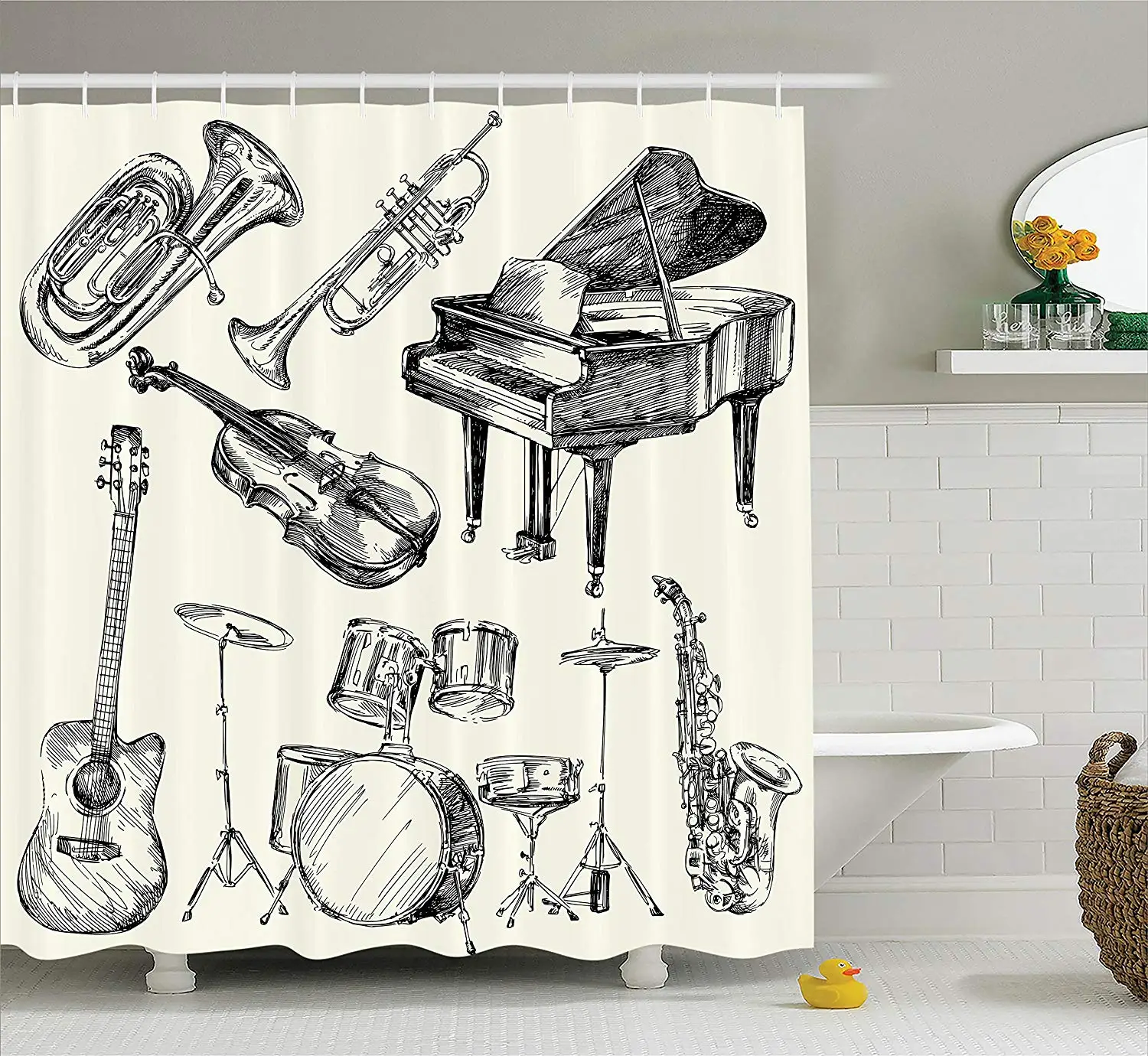 Music Decor Shower Curtain Set Collection of Musical Instruments Sketch