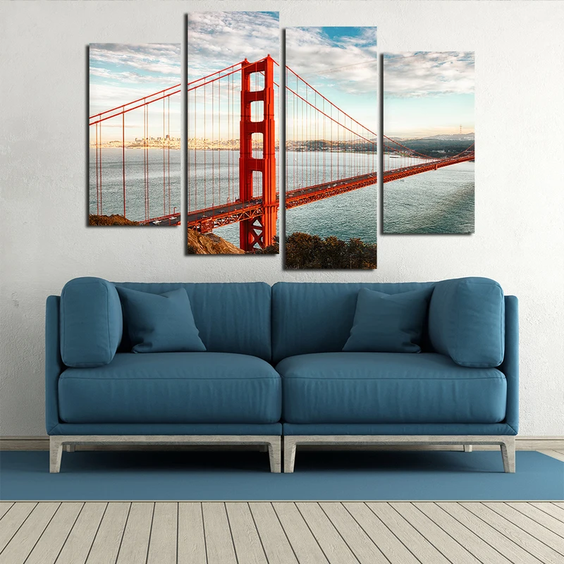 America Golden Gate Bridge 4 Panels Canvas Wall Art Cityscape Canvas Prints Paintings on Canvas for Living Room Wall Decorations (5)