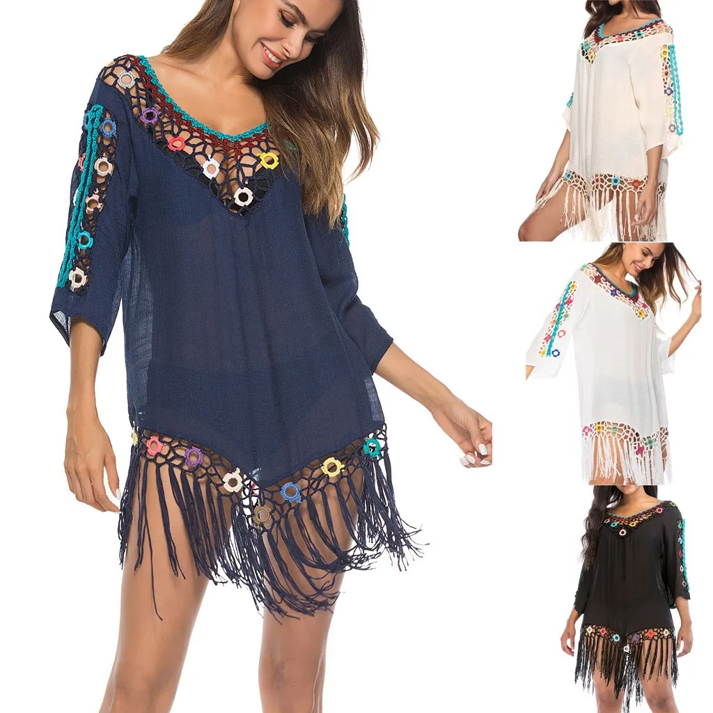 

Large Swimwear Women Loose Sexy Tassel Crochet Summer Beach Dress Vintage Print Floral Swimwear Cover Up Bohemia Bathing Suit