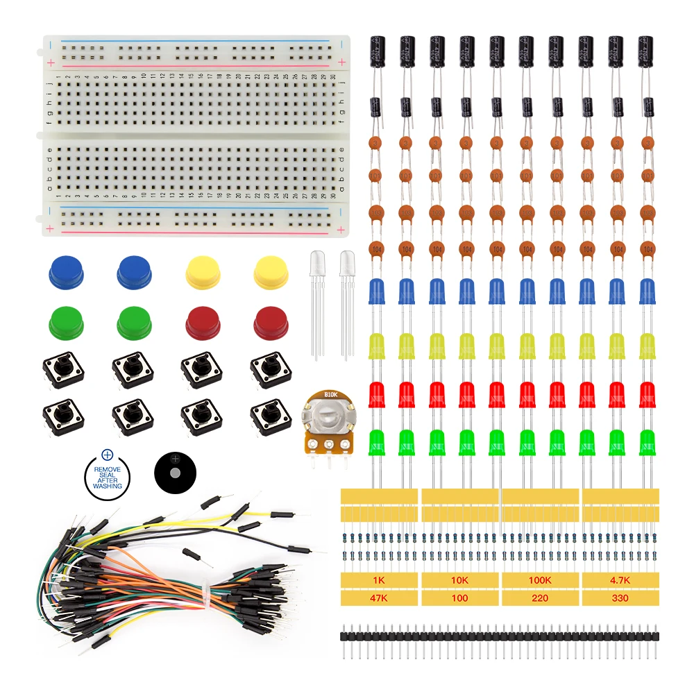 Стартовый набор UNO R3 для Arduino проектов, включая резистор, светодиодный, конденсатор, перемычки, макетную плату