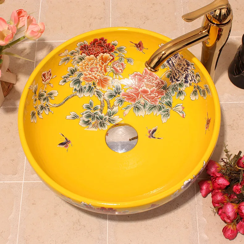 Good peony China Artistic Handmade Ceramic Lavobo Counter top Bathroom Sink Wash Basin bathroom sink yellow (9)