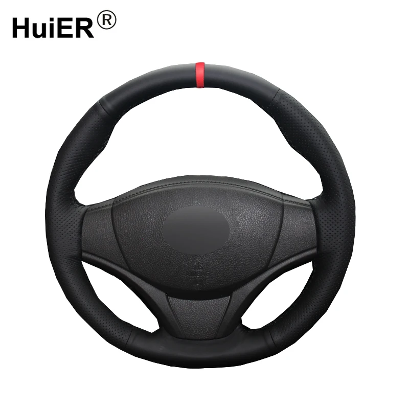 

HuiER Pure Hand Sewing Car Steering Wheel Cover Breathable Car Styling Red Marker For Toyota Yaris Vios 2014-2016 Steering Wheel