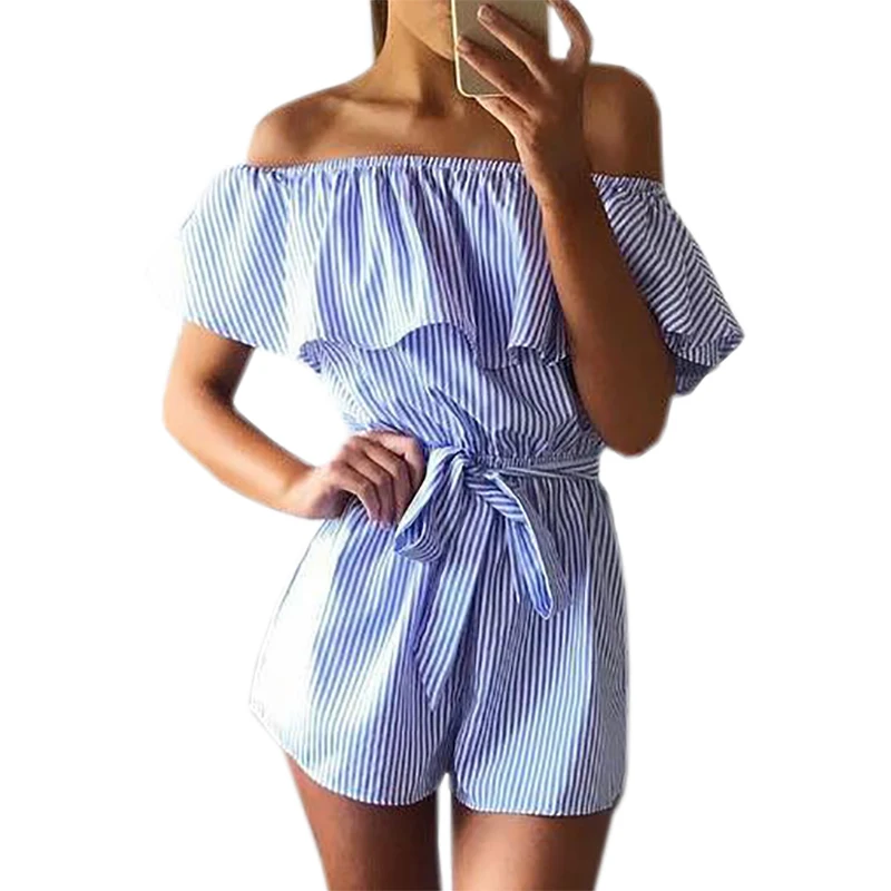 

Summer Women Playsuits Jumpsuits Casual Striped Playsuit Ruffles Slash Neck 2019 Beach Overalls Pink Blue Girls Femininos GV571