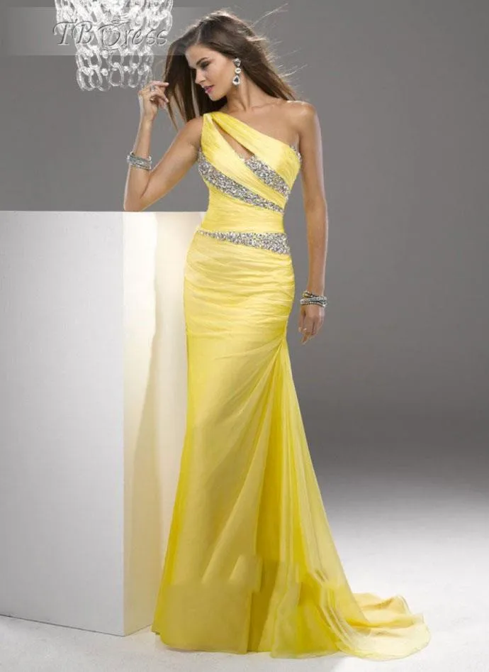 

2019 Elegant Simple Yellow Evening Dresses One Shoulder Beaded Mermaid Embellished Backless Chiffon Evening Gowns Prom Gowns