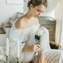 Сексуальный осенне-зимний женский пижамный комплект принцессы из модала с кружевом, женская пижама в европейском ретро стиле, домашняя одежда QW1716