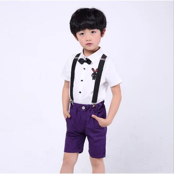 

Summer Boys 2PCS Performance Overall Suits with Bowtie Kids Formal Shirt&Pants Suits with Belt Boys School