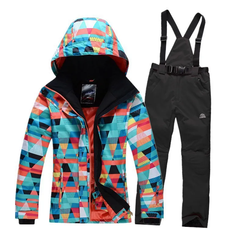 

Hot Women Ski Suit Sets Winter Outdoor Snow Suit Hoodie Jacket+Strap Pants 10K Water-proof -30 degree Cold Warm Costume
