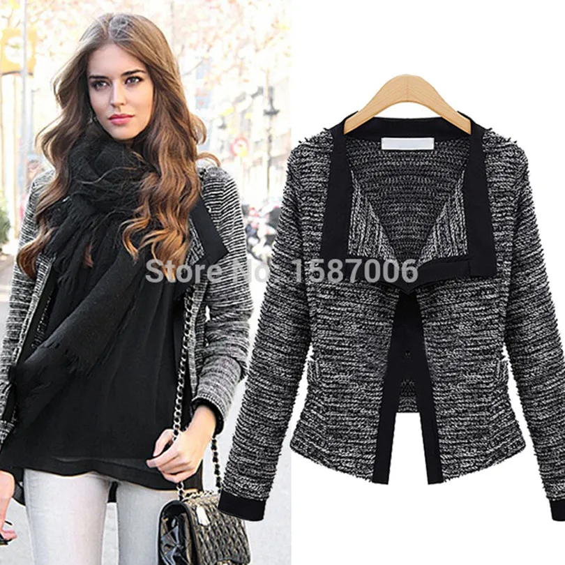 Fashion Winter Jacket Women Casual Black White Slim Fit Wool Short Coat
