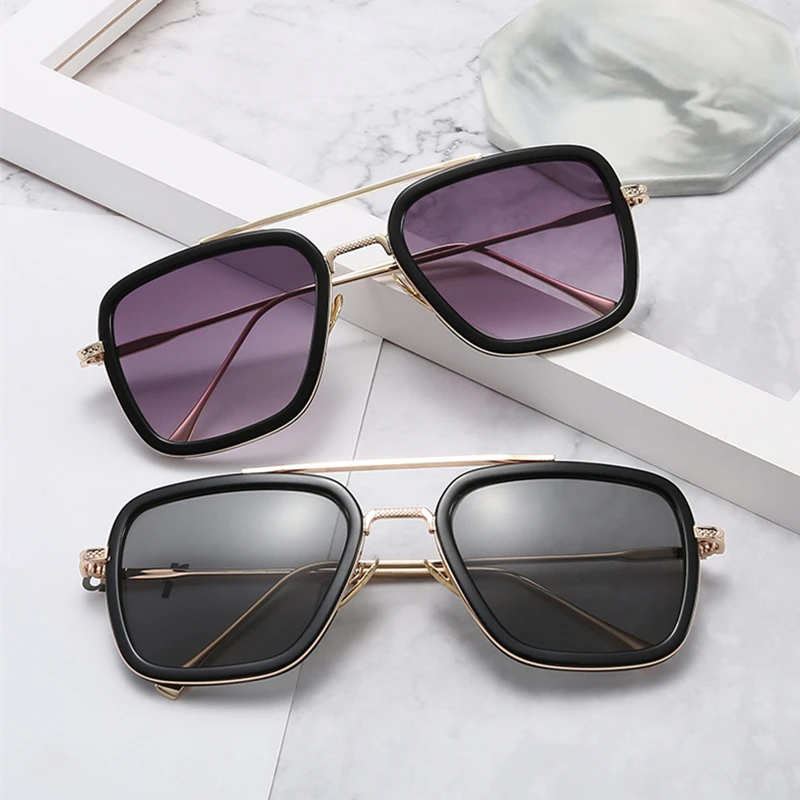 

2019 Fashion Avengers Tony Stark Flight 006 Style Sunglasses Men Square Aviation Brand Design Sun Glasses Oculos De Sol UV400