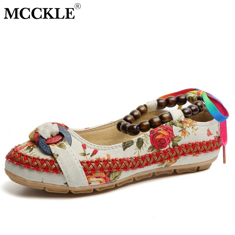 

MCCKLE Women Flat Shoes Autumn Beading Moccasins Flower Printing Loafers Embroidery Bohemia Style Comfortable Footwear Ladies