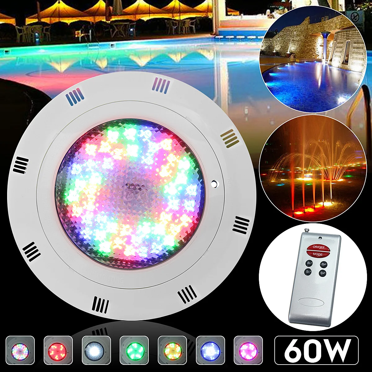 

New 12V 60W IP68 7 Color RGB Swimming Pool Underrwater LED Light 60pcs LED Lighting with Remote Control