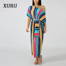 XURU Women Loose Striped Dress Off Shoulder Half Sleeve Long Dresses Autumn Women Casual Dress With Belted XURU Women Loose Striped Dress Off Shoulder Half Sleeve Long Dresses Autumn Women Casual Dress With Belted