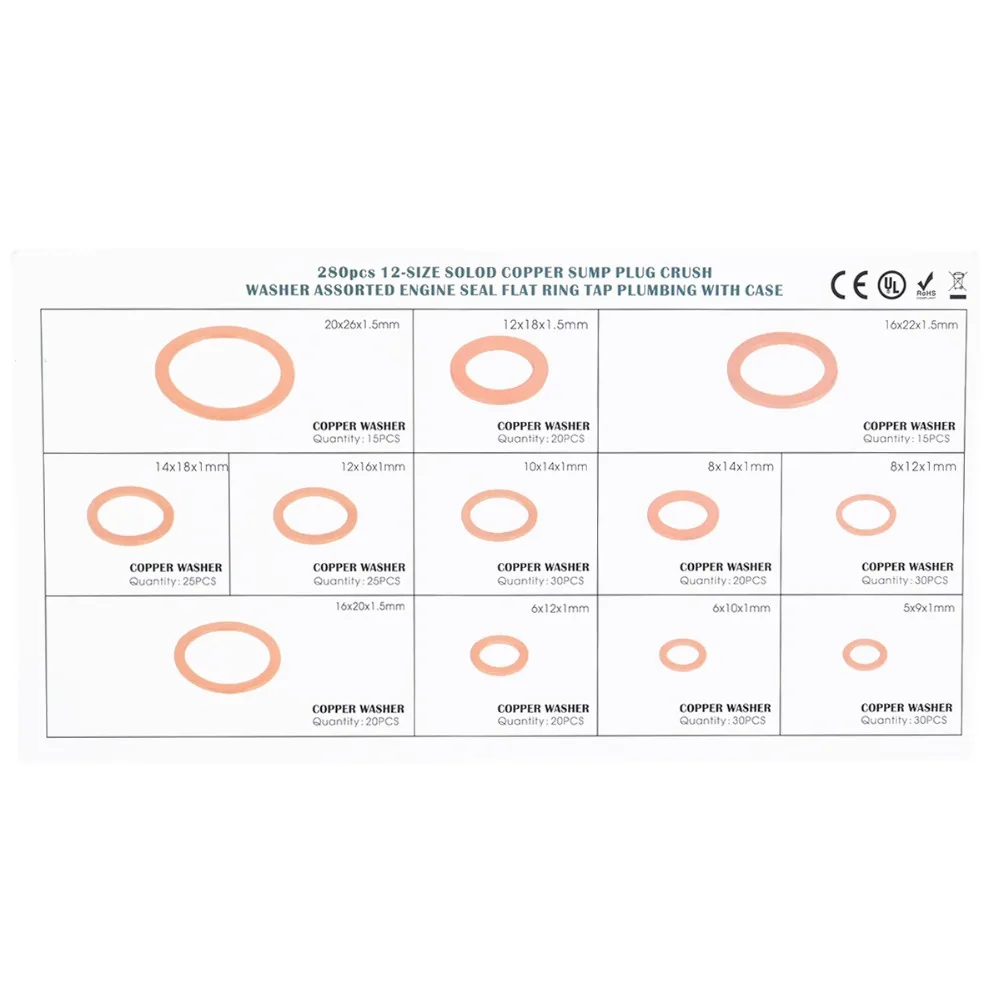 280 шт Ассорти одноцветное медная прокладка комплект 12 размеров шайбы уплотнительное кольцо с случае M5/6/8/10/12/14/16/20