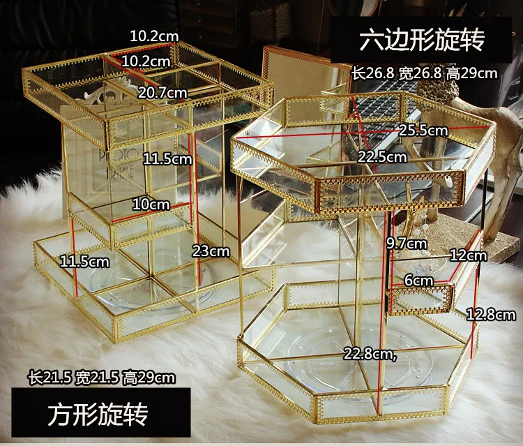 Прозрачный стеклянный вращающийся ящик для хранения косметики Настольный Ретро Уход за кожей туалетный столик губная помада отделочная стойка